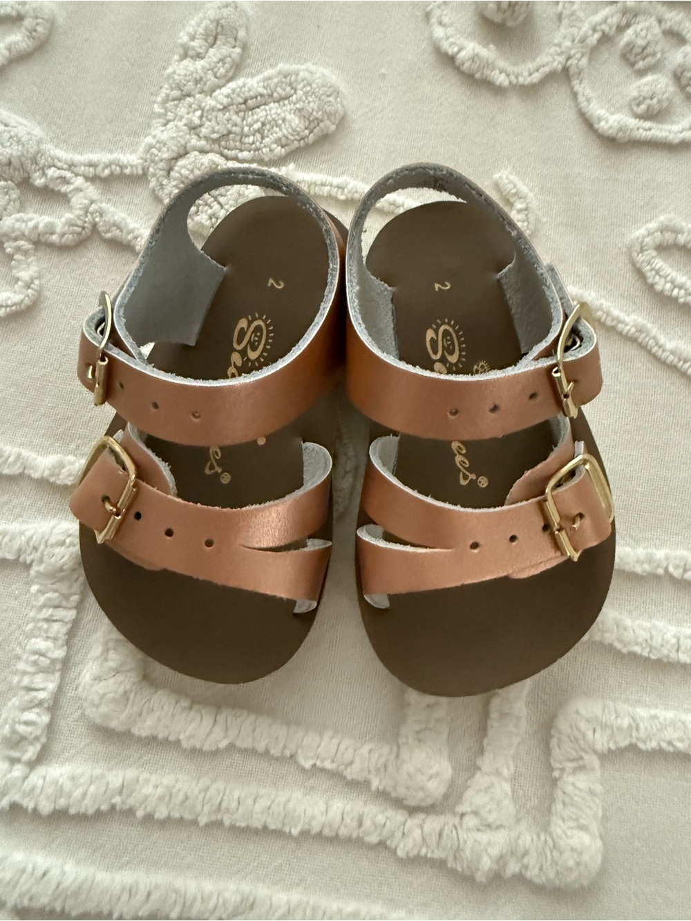 Salt Water Sea-Wees Sandals - Metallic Rose Gold Buckle Straps, baby size 2